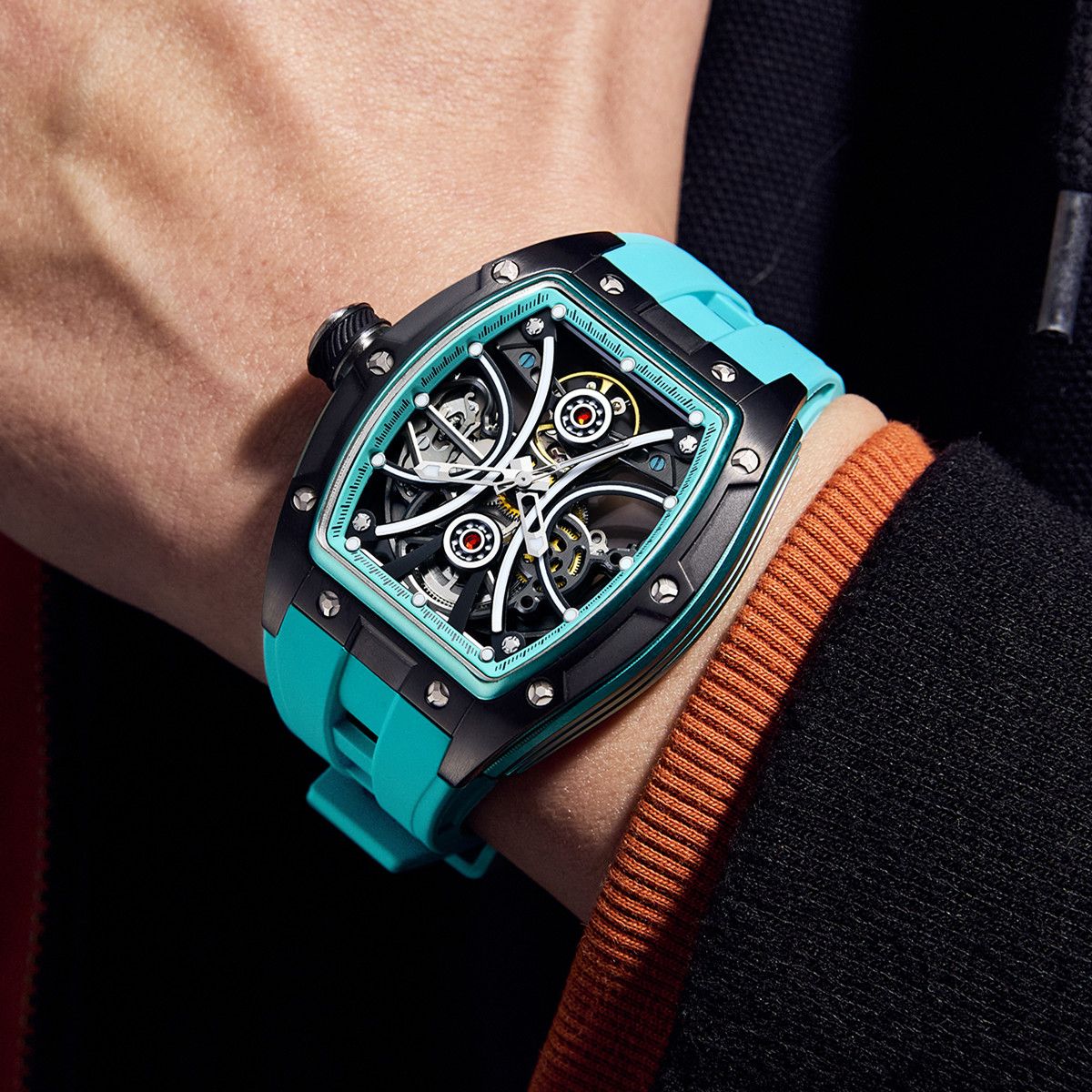 New Men's Sports Watch Fashion Automatic Mechanical Movement Watches Skeleton Luminous Waterproof Business Wristwatches 9198-4
