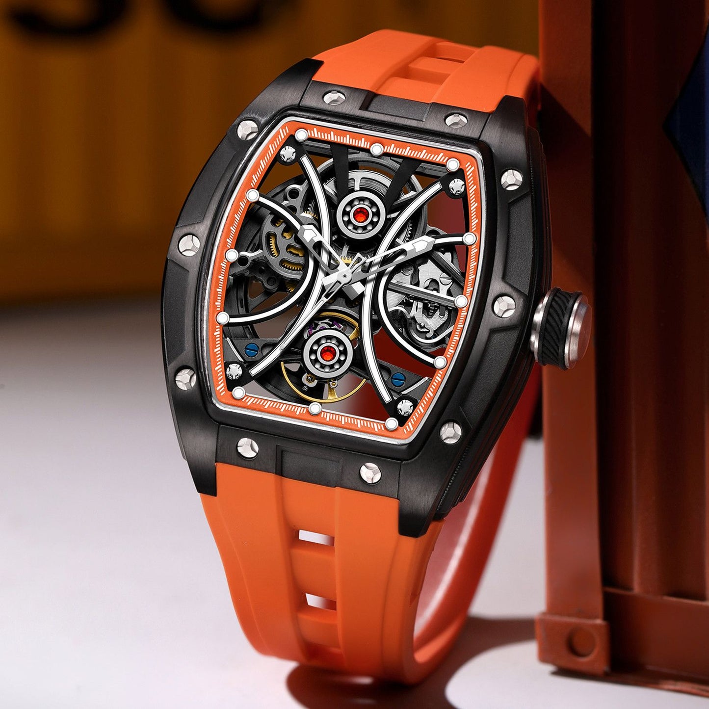 New Men's Sports Watch Fashion Automatic Mechanical Movement Watches Skeleton Luminous Waterproof Business Wristwatches 9198-4