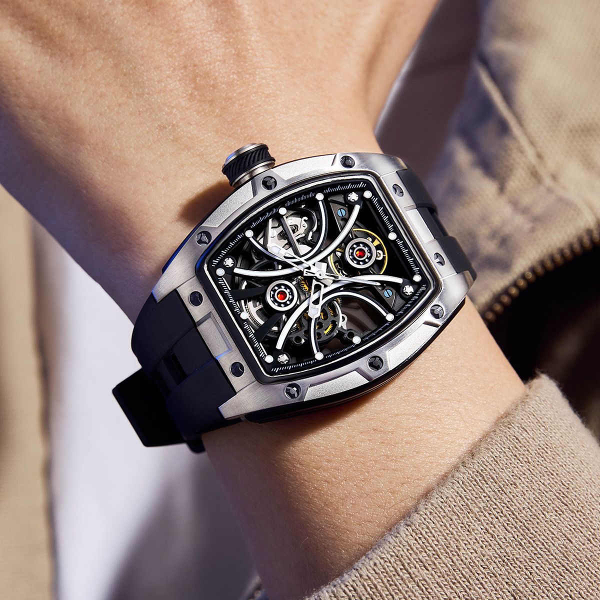 New Men's Sports Watch Fashion Automatic Mechanical Movement Watches Skeleton Luminous Waterproof Business Wristwatches 9198-4