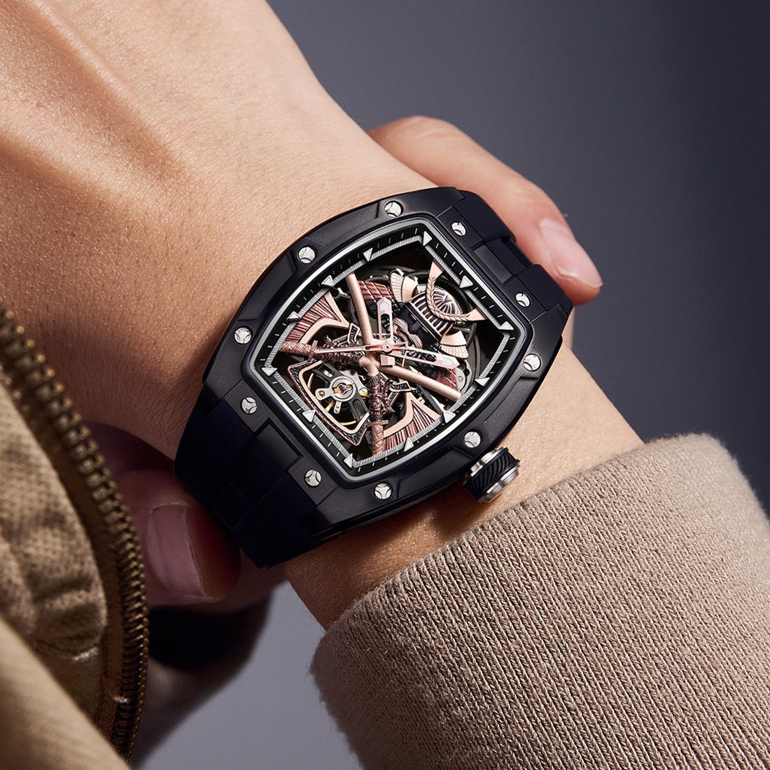 New Men Mechanical Watches Luxury Hollow Out Automatic Movement Wristwatch Clock Stainless Steel Case Waterproof Watch 9198-5