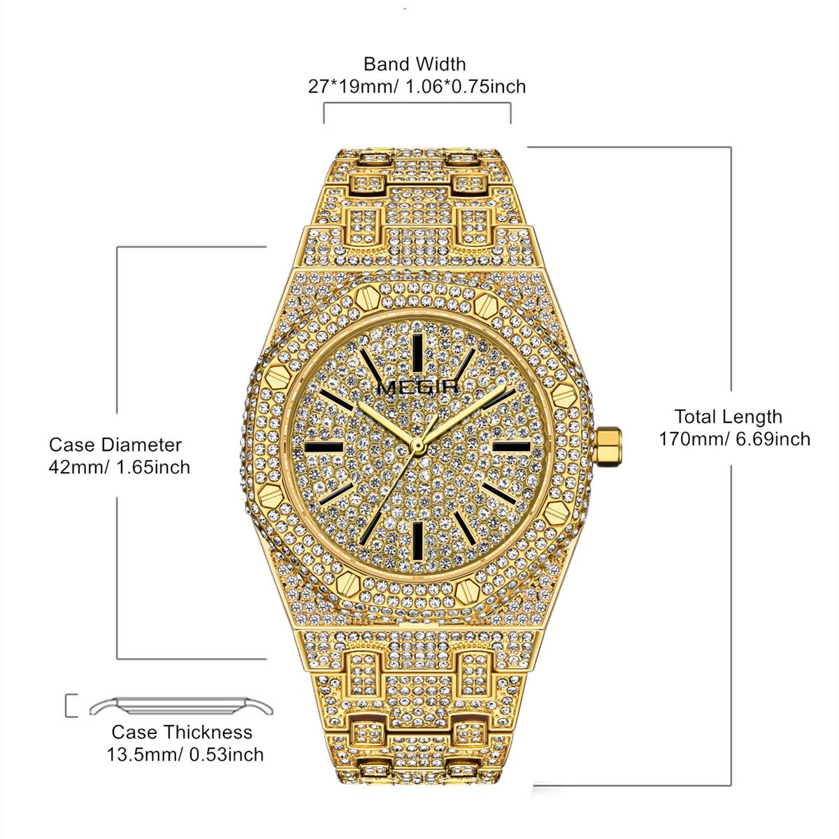 MEGIR Luxury Diamond Men Watches Stainless Steel Band Quartz Wristwatches Waterproof Male Clock Business Watch Reloj Hombre 1091