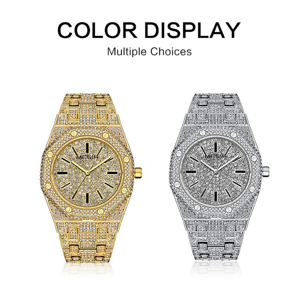 MEGIR Luxury Diamond Men Watches Stainless Steel Band Quartz Wristwatches Waterproof Male Clock Business Watch Reloj Hombre 1091