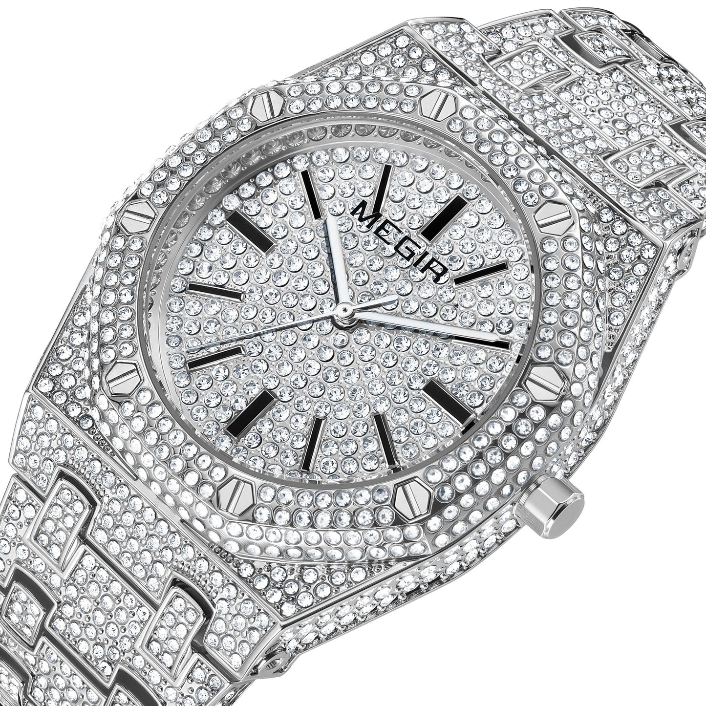 MEGIR Luxury Diamond Men Watches Stainless Steel Band Quartz Wristwatches Waterproof Male Clock Business Watch Reloj Hombre 1091