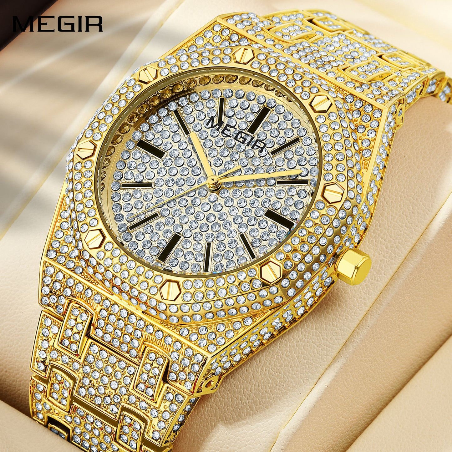 MEGIR Luxury Diamond Men Watches Stainless Steel Band Quartz Wristwatches Waterproof Male Clock Business Watch Reloj Hombre 1091