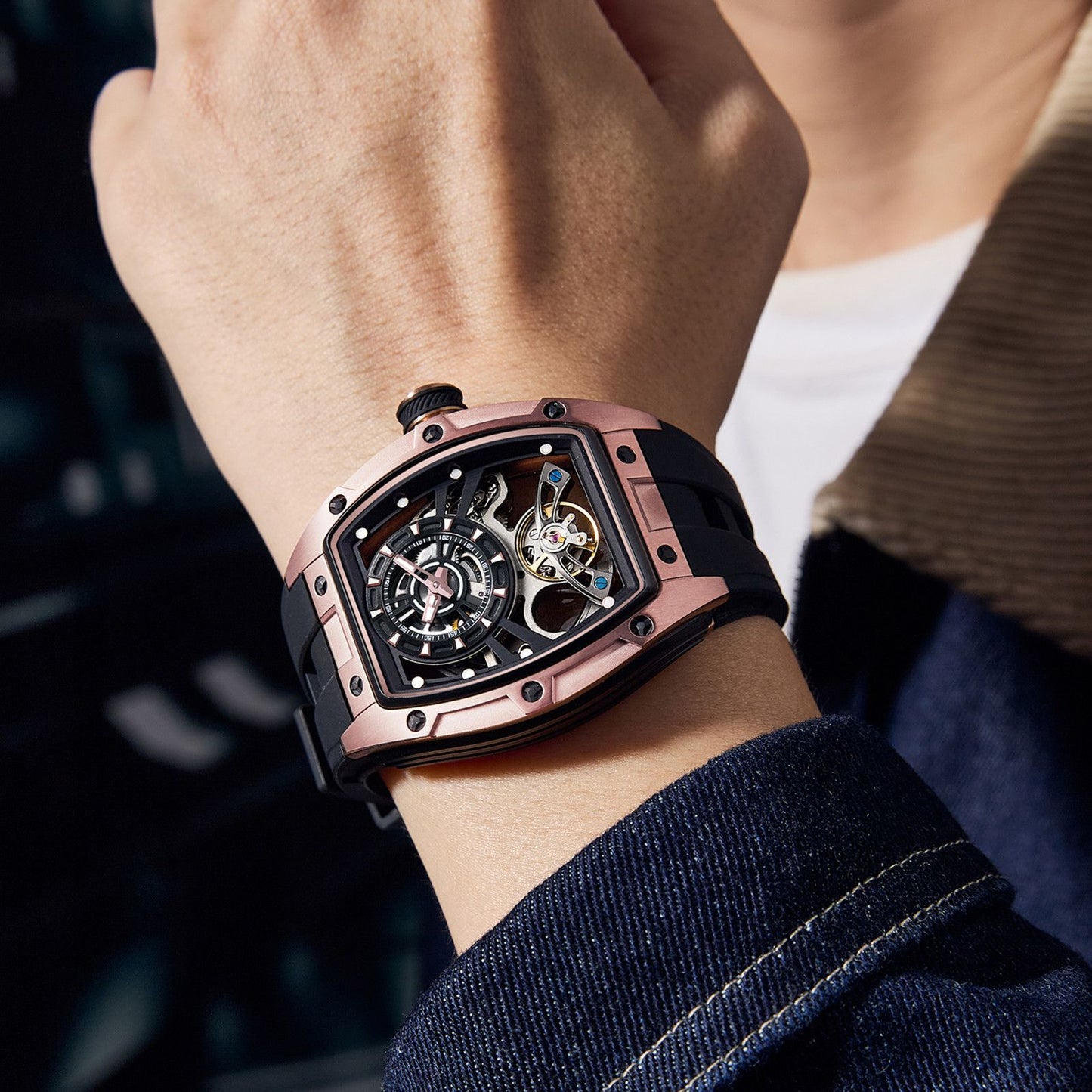New Fashion Automatic Mechanical Watches for Men Waterproof Skeleton Dial Stainless Steel Case Male Wristwatch Clock 9198-6