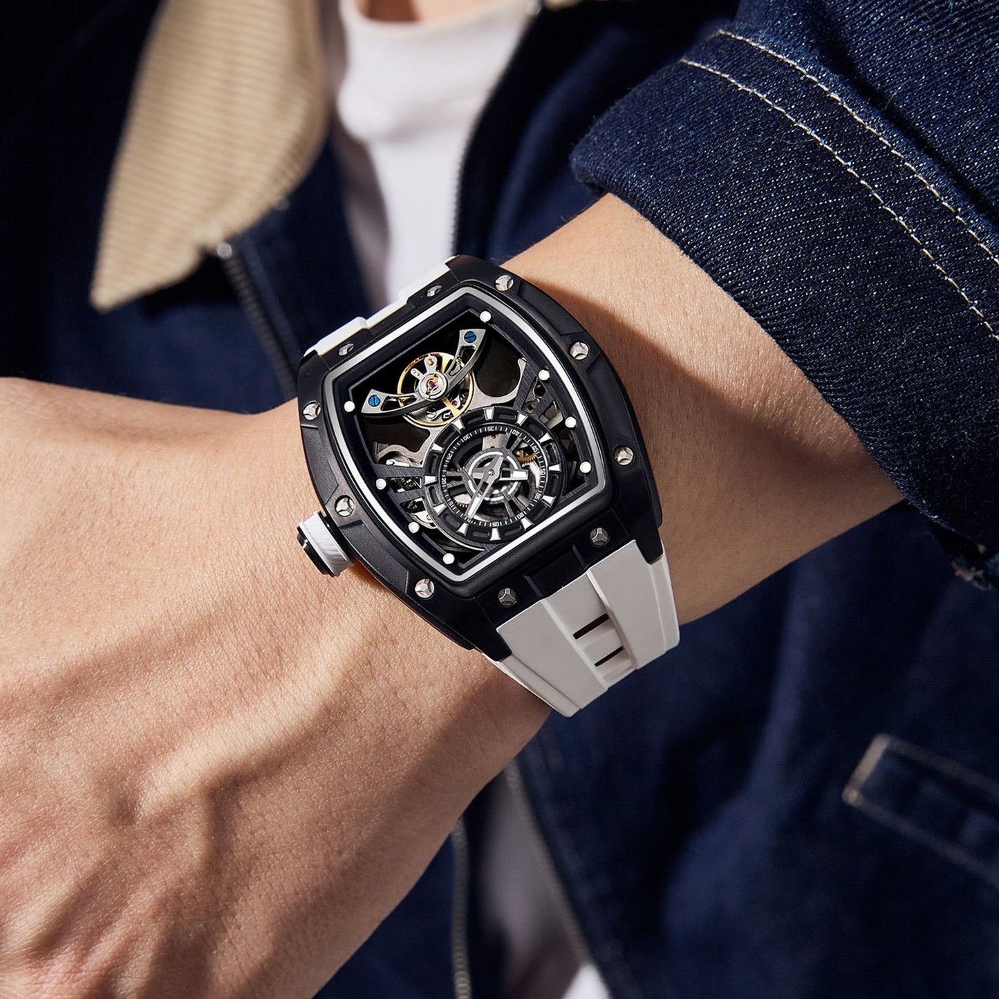 New Fashion Automatic Mechanical Watches for Men Waterproof Skeleton Dial Stainless Steel Case Male Wristwatch Clock 9198-6