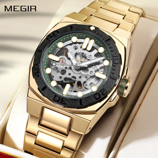 MEGIR Skeleton Dial Mechanical Watches for Men Luxury Business Wristwatch Stainless Steel Waterproof Automatic Watch Clock 8606