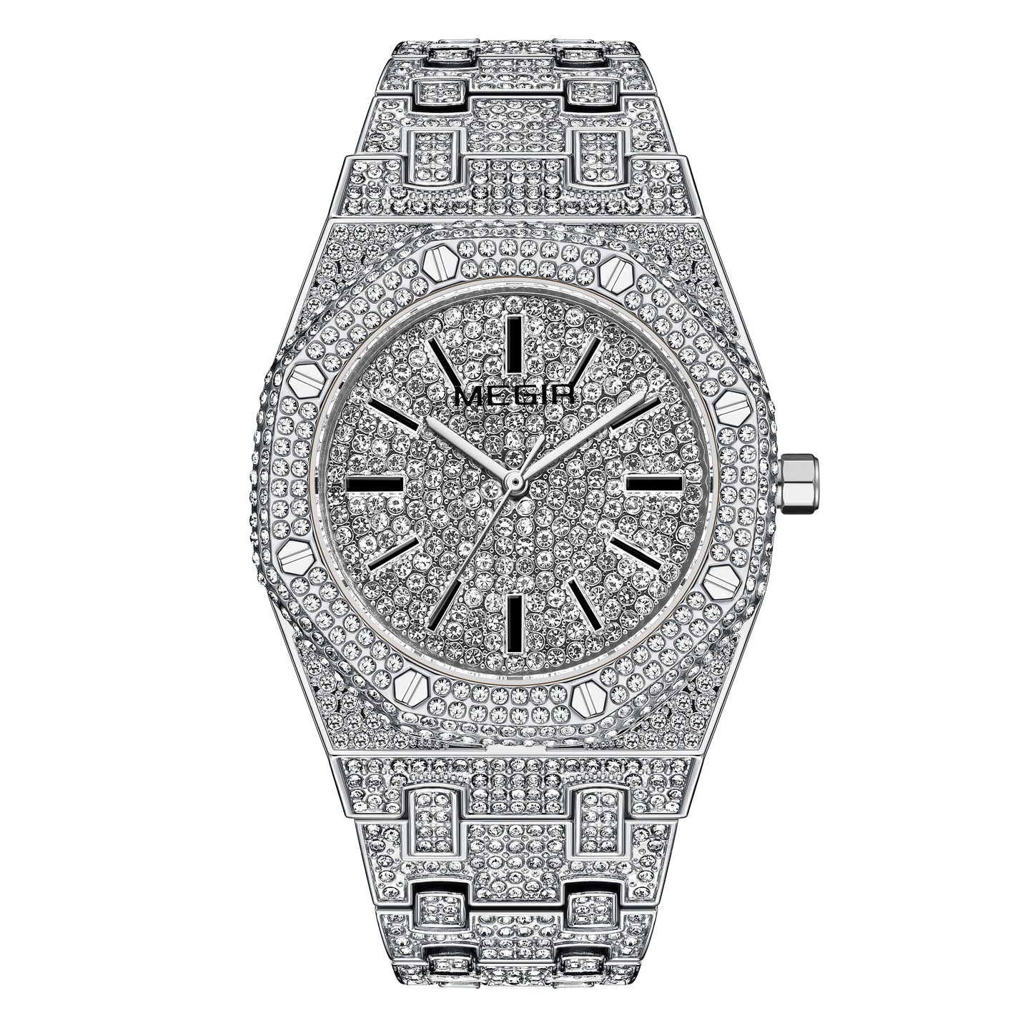 MEGIR Luxury Diamond Men Watches Stainless Steel Band Quartz Wristwatches Waterproof Male Clock Business Watch Reloj Hombre 1091