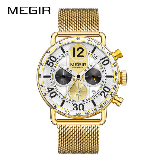 MEGIR Gold Mesh Chronograph Tachymeter Watch 2249