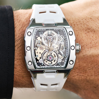 MEGIR New Men Watches Luxury Brand Automatic Mechanical Watch Skeleton Dial Silicone Strap Sports Casual Wristwatch Waterproof Clock Male Gift 8602