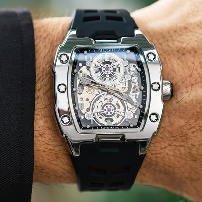 MEGIR New Men Watches Luxury Brand Automatic Mechanical Watch Skeleton Dial Silicone Strap Sports Casual Wristwatch Waterproof Clock Male Gift 8602