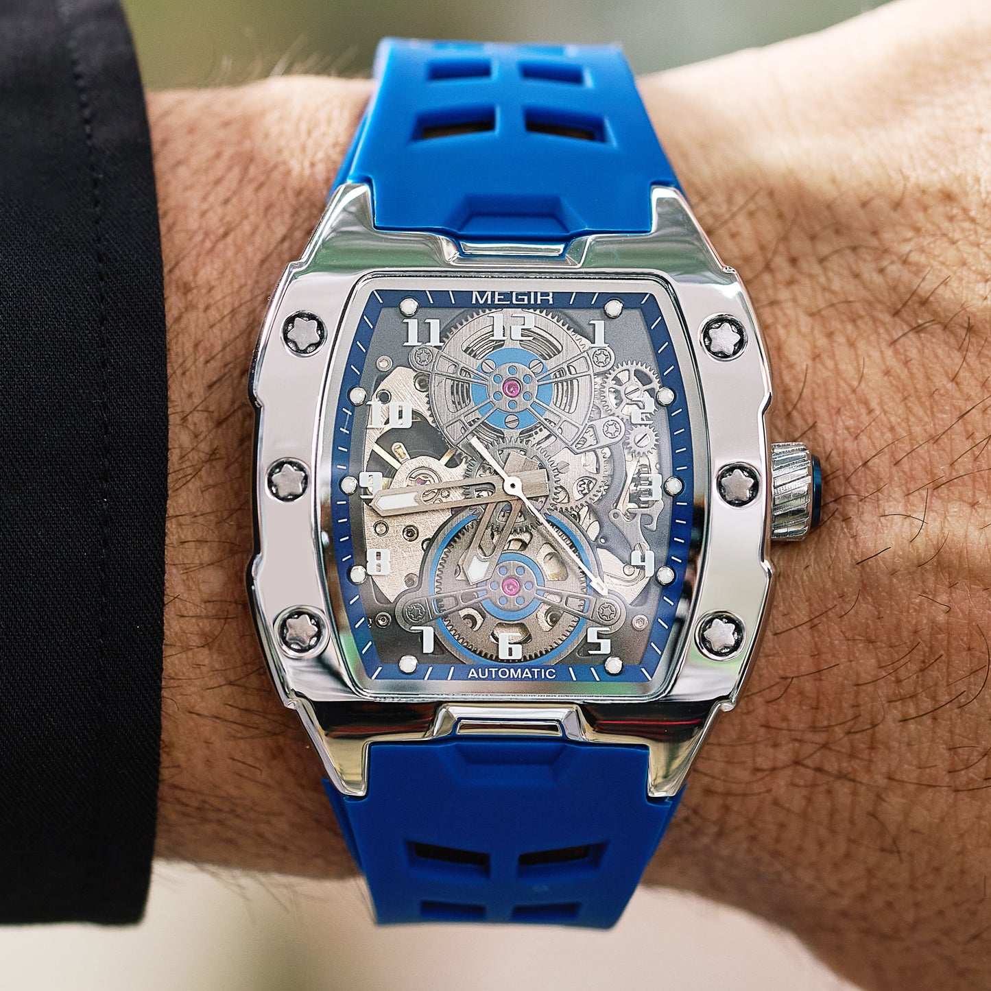 MEGIR New Men Watches Luxury Brand Automatic Mechanical Watch Skeleton Dial Silicone Strap Sports Casual Wristwatch Waterproof Clock Male Gift 8602