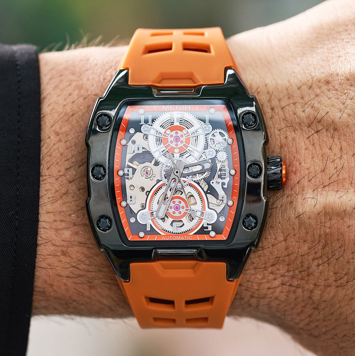 MEGIR New Men Watches Luxury Brand Automatic Mechanical Watch Skeleton Dial Silicone Strap Sports Casual Wristwatch Waterproof Clock Male Gift 8602