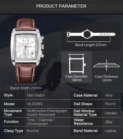 MEGIR Watch Men Business Wristwatch Rectangle Quartz Military Watches Waterproof Luminous Leather Strap Sport Casual Clock Reloj Hombre 2028