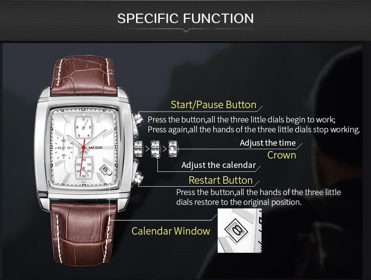 MEGIR Watch Men Business Wristwatch Rectangle Quartz Military Watches Waterproof Luminous Leather Strap Sport Casual Clock Reloj Hombre 2028