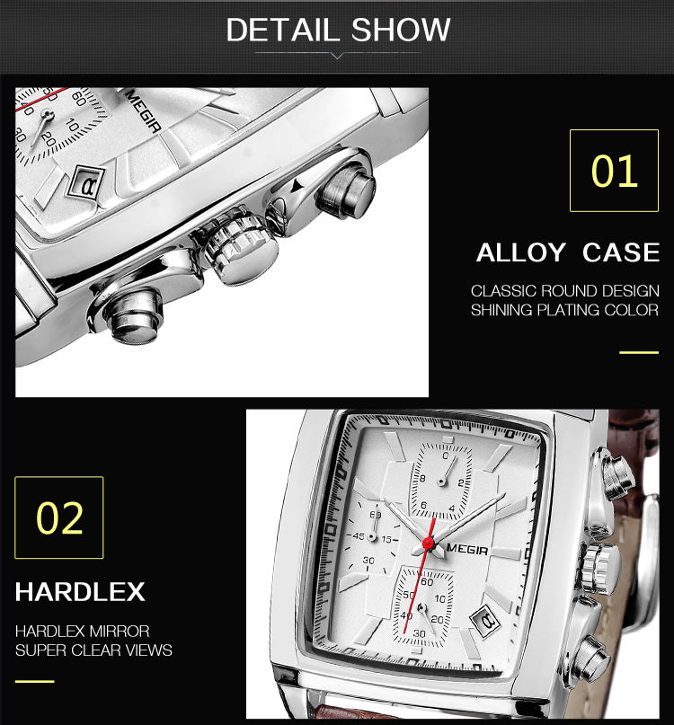 MEGIR Watch Men Business Wristwatch Rectangle Quartz Military Watches Waterproof Luminous Leather Strap Sport Casual Clock Reloj Hombre 2028