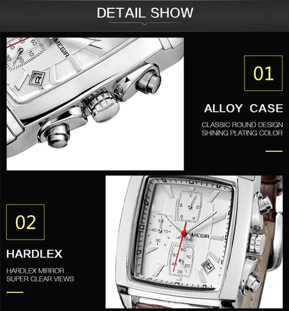 MEGIR Watch Men Business Wristwatch Rectangle Quartz Military Watches Waterproof Luminous Leather Strap Sport Casual Clock Reloj Hombre 2028