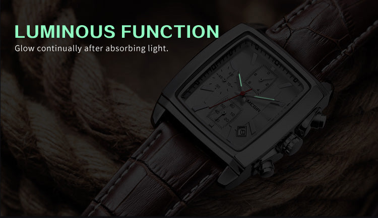 MEGIR Watch Men Business Wristwatch Rectangle Quartz Military Watches Waterproof Luminous Leather Strap Sport Casual Clock Reloj Hombre 2028