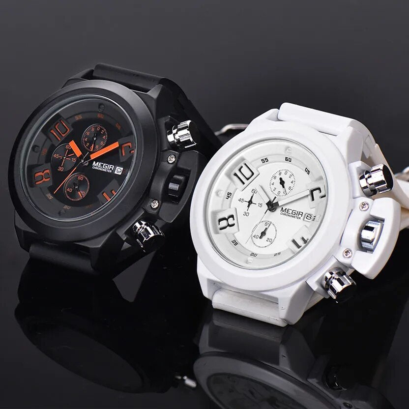 MEGIR Black Silicone Quartz Watch Luxury Sport Military Wrist Watches Men Waterproof Clock Chronograph Large Dial Montre Homme 2002