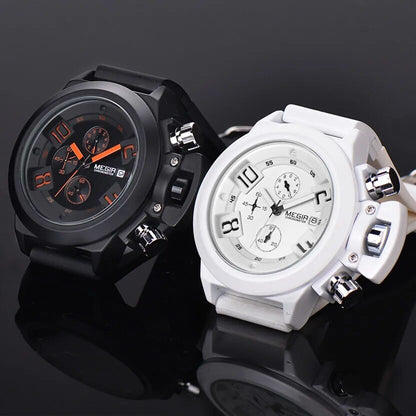 MEGIR Black Silicone Quartz Watch Luxury Sport Military Wrist Watches Men Waterproof Clock Chronograph Large Dial Montre Homme 2002
