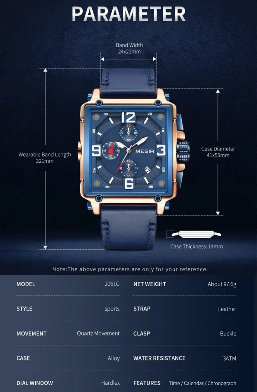 MEGIR Top Brand Watches for Men Waterproof Leather Quartz Wrist Watch Luminous Chronograph Date Calendar Men Clock Reloj Hombre 2061