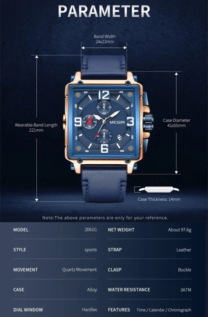 MEGIR Top Brand Watches for Men Waterproof Leather Quartz Wrist Watch Luminous Chronograph Date Calendar Men Clock Reloj Hombre 2061