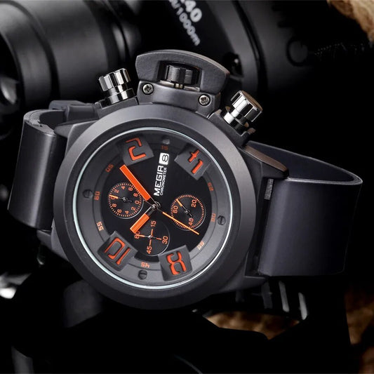 MEGIR Black Silicone Quartz Watch Luxury Sport Military Wrist Watches Men Waterproof Clock Chronograph Large Dial Montre Homme 2002
