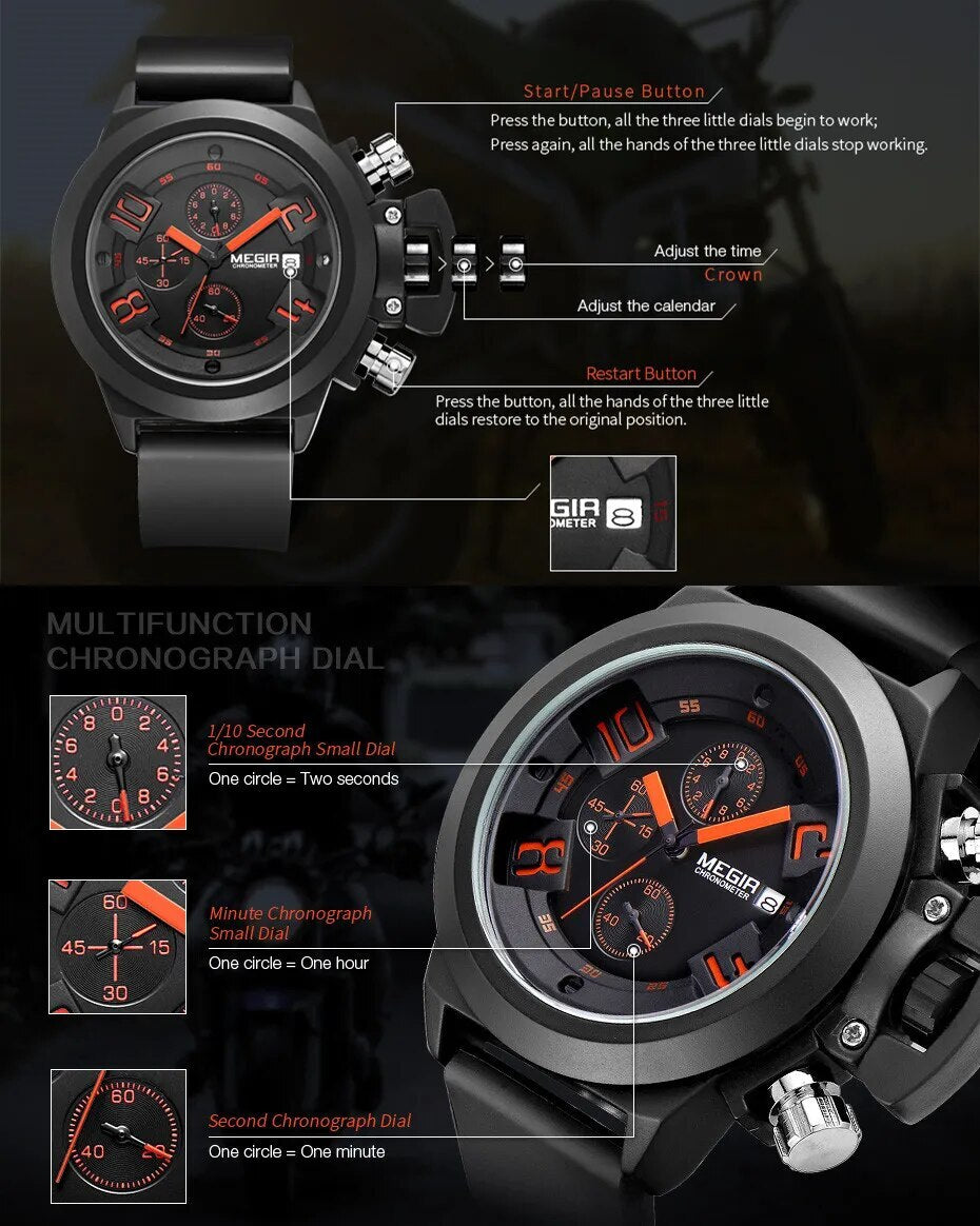 MEGIR Black Silicone Quartz Watch Luxury Sport Military Wrist Watches Men Waterproof Clock Chronograph Large Dial Montre Homme 2002
