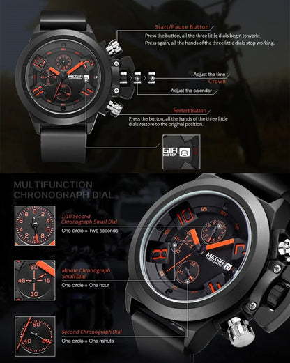 MEGIR Black Silicone Quartz Watch Luxury Sport Military Wrist Watches Men Waterproof Clock Chronograph Large Dial Montre Homme 2002