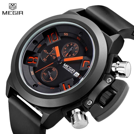 MEGIR Black Silicone Quartz Watch Luxury Sport Military Wrist Watches Men Waterproof Clock Chronograph Large Dial Montre Homme 2002