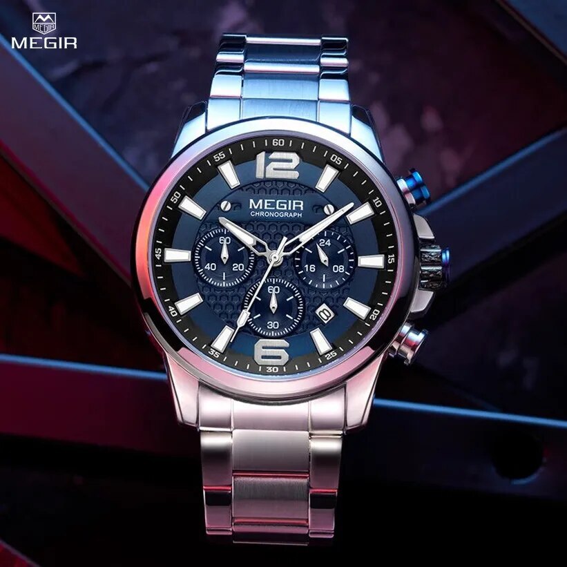 MEGIR Business Men Watch Luxury Fashion Quartz Wristwatch Luminous Waterproof Calendar Watches Stainless Steel Male Clock 2156