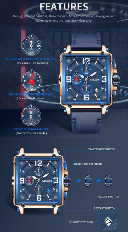 MEGIR Top Brand Watches for Men Waterproof Leather Quartz Wrist Watch Luminous Chronograph Date Calendar Men Clock Reloj Hombre 2061