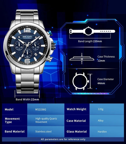MEGIR Business Men Watch Luxury Fashion Quartz Wristwatch Luminous Waterproof Calendar Watches Stainless Steel Male Clock 2156