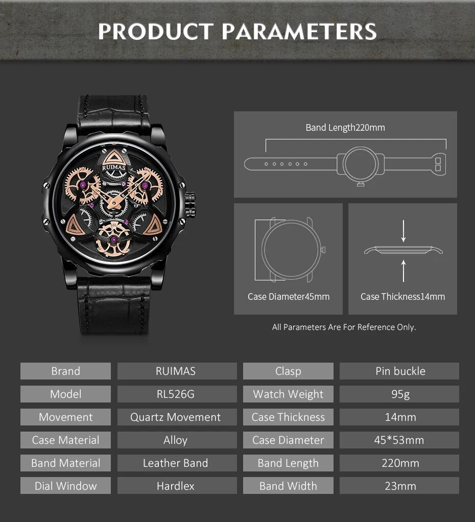 RUIMAS Relogio Masculino Fashion Leather Strap Big Dial Sports Quartz Watches for Men 3ATM Waterproof Casual WristWatch Clock