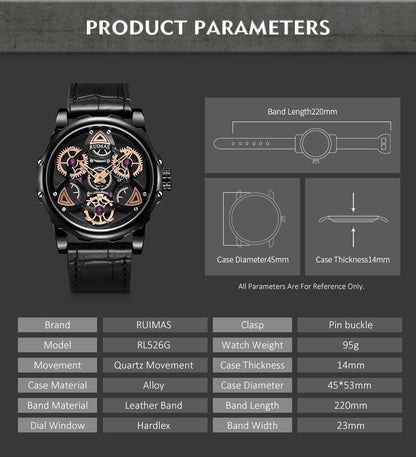 RUIMAS Relogio Masculino Fashion Leather Strap Big Dial Sports Quartz Watches for Men 3ATM Waterproof Casual WristWatch Clock