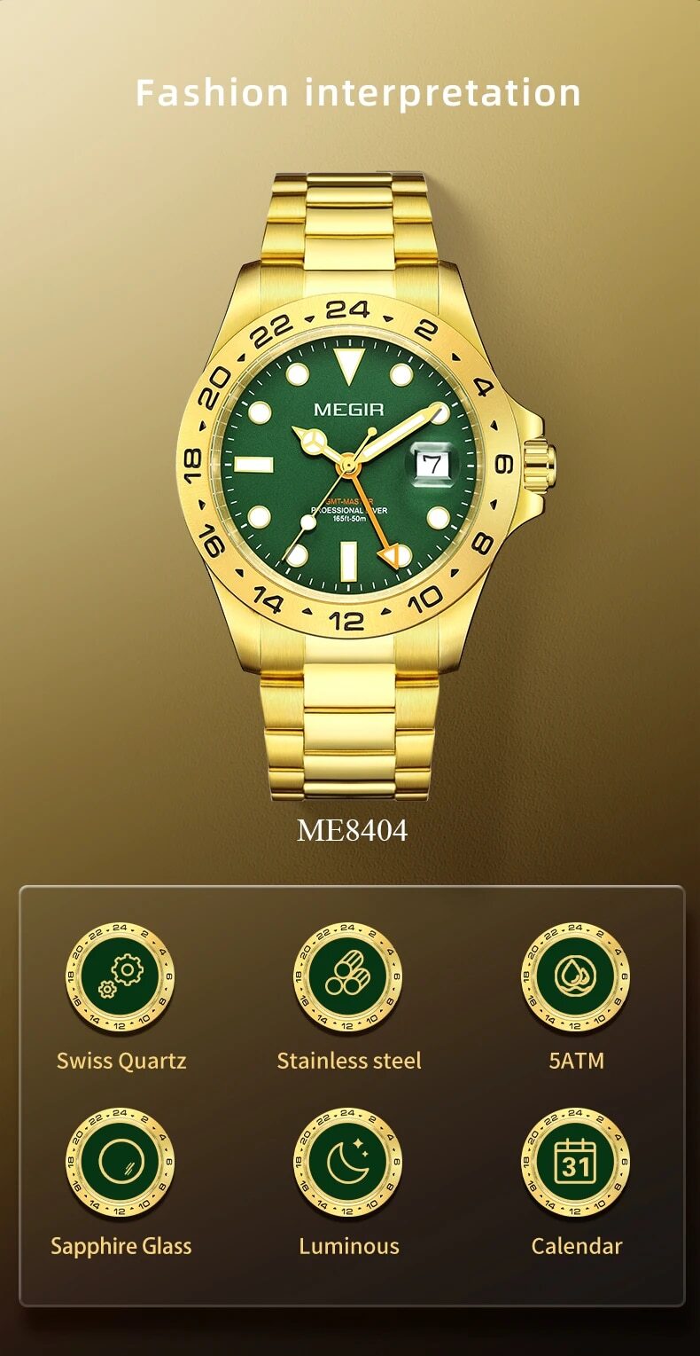 MEGIR Watches New Luxury Business Men Watch Fashion Quartz Clock Calendar Stainless Steel Man's Wristwatch Relogio Masculino 8404
