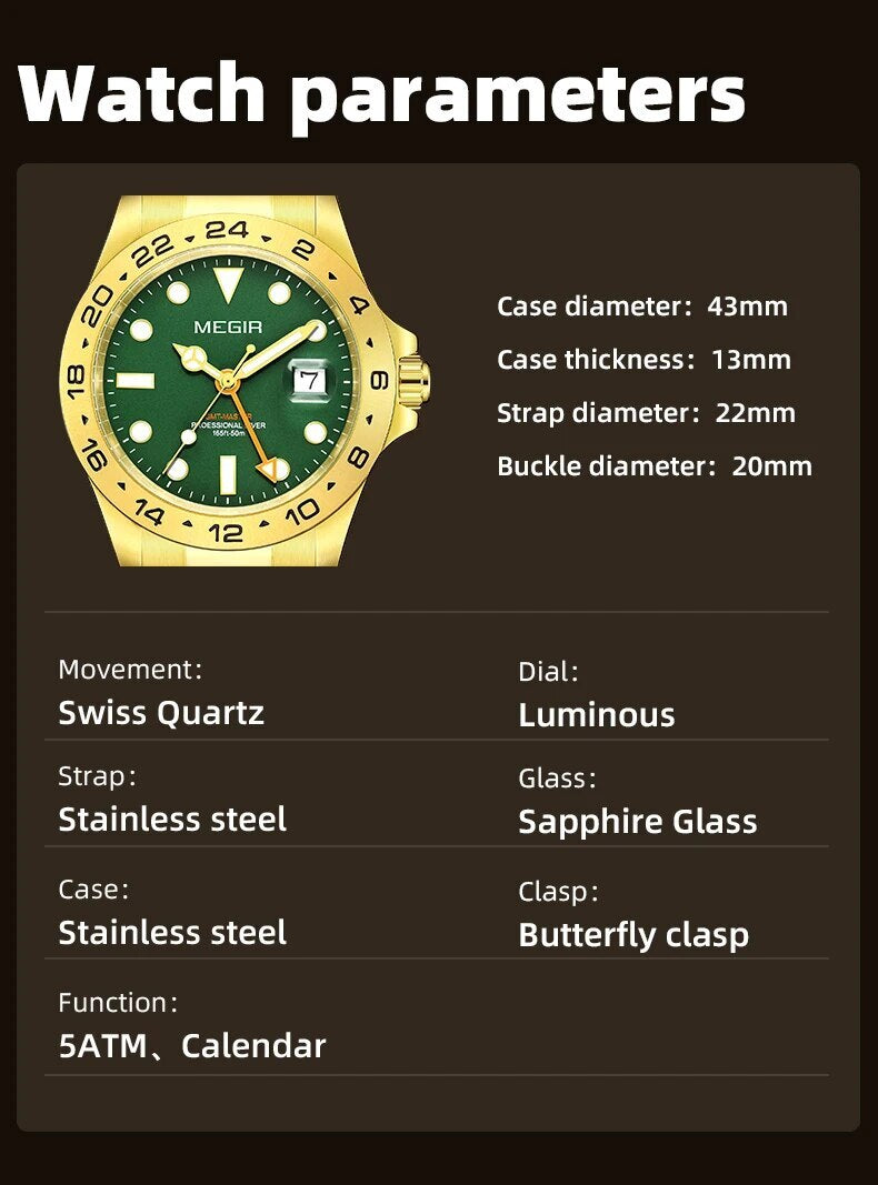 MEGIR Watches New Luxury Business Men Watch Fashion Quartz Clock Calendar Stainless Steel Man's Wristwatch Relogio Masculino 8404