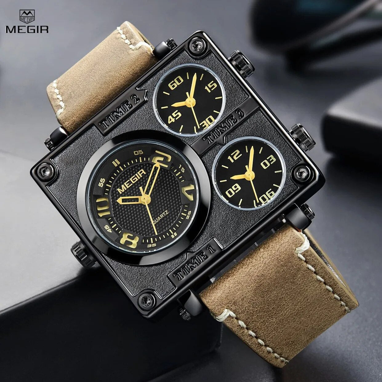 MEGIR Mens Watches Fashion Square Quartz Casual Sport Wristwatch Leather Waterproof Man Clock Wrist Watch Relogio Masculino 2069