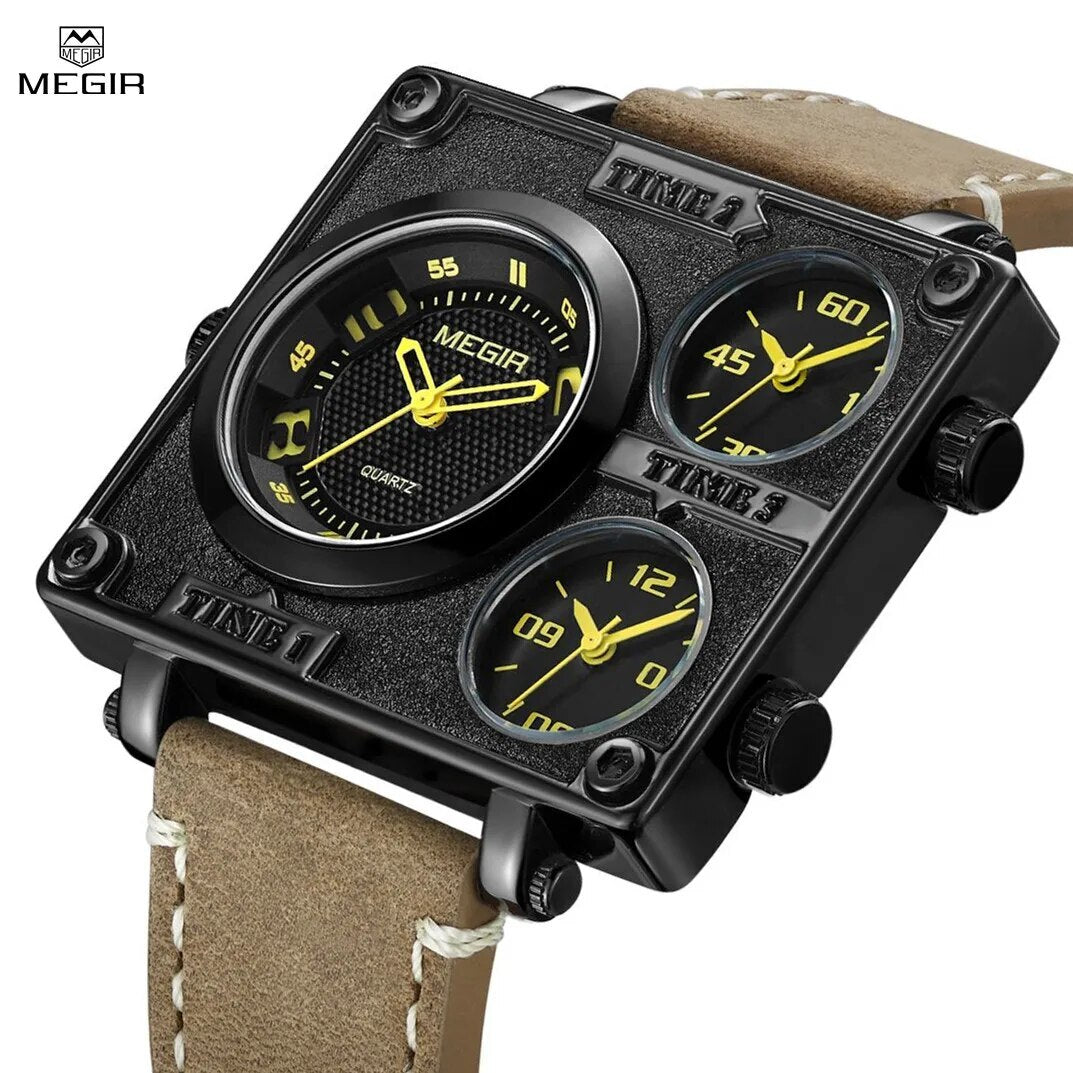 MEGIR Mens Watches Fashion Square Quartz Casual Sport Wristwatch Leather Waterproof Man Clock Wrist Watch Relogio Masculino 2069