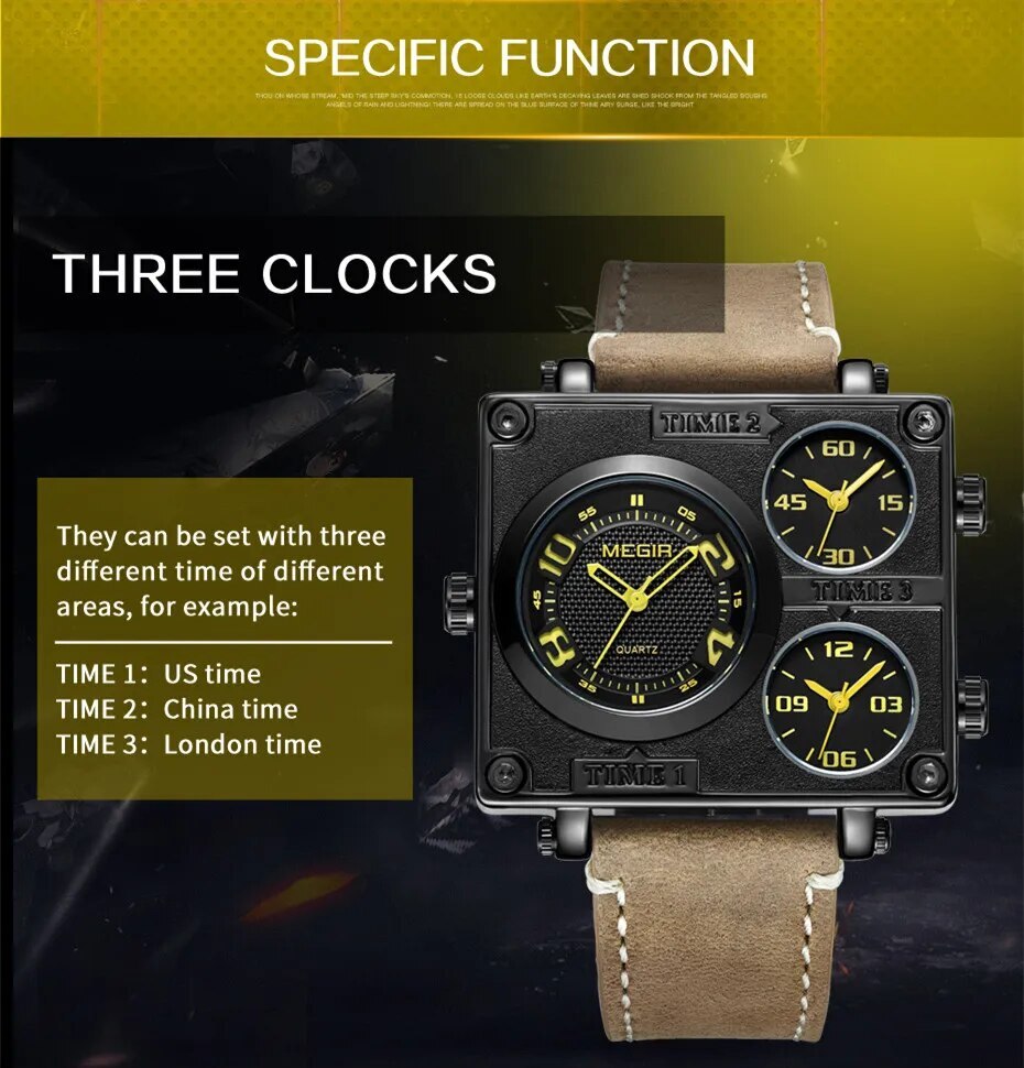 MEGIR Mens Watches Fashion Square Quartz Casual Sport Wristwatch Leather Waterproof Man Clock Wrist Watch Relogio Masculino 2069