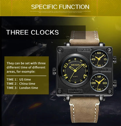 MEGIR Mens Watches Fashion Square Quartz Casual Sport Wristwatch Leather Waterproof Man Clock Wrist Watch Relogio Masculino 2069