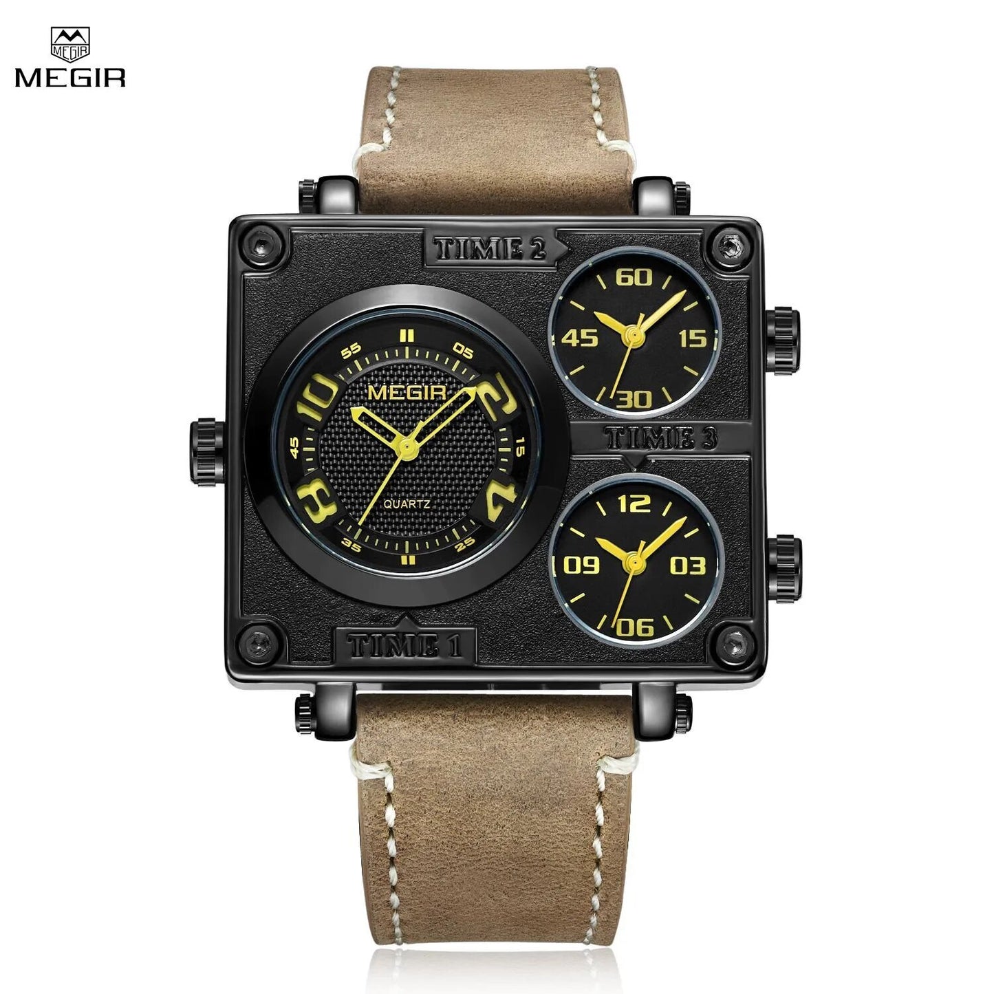 MEGIR Mens Watches Fashion Square Quartz Casual Sport Wristwatch Leather Waterproof Man Clock Wrist Watch Relogio Masculino 2069