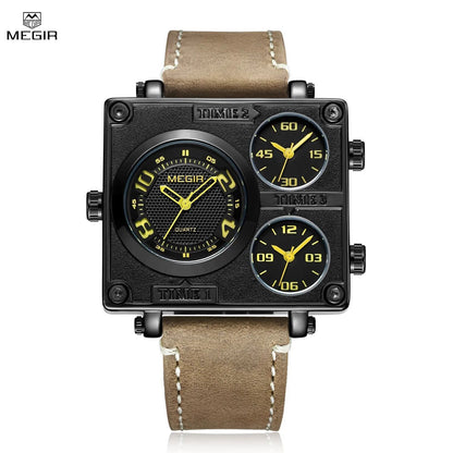 MEGIR Mens Watches Fashion Square Quartz Casual Sport Wristwatch Leather Waterproof Man Clock Wrist Watch Relogio Masculino 2069
