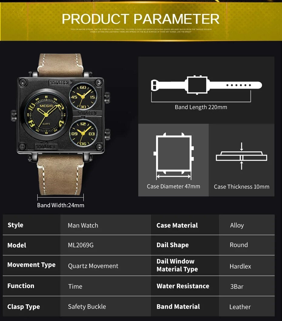 MEGIR Mens Watches Fashion Square Quartz Casual Sport Wristwatch Leather Waterproof Man Clock Wrist Watch Relogio Masculino 2069