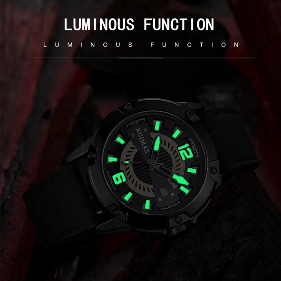 RUIMAS Luxury Men Watches Leather Strap Sport Casual Wristwatches Waterproof Luminous Date Clock Big Dial Montre Homme