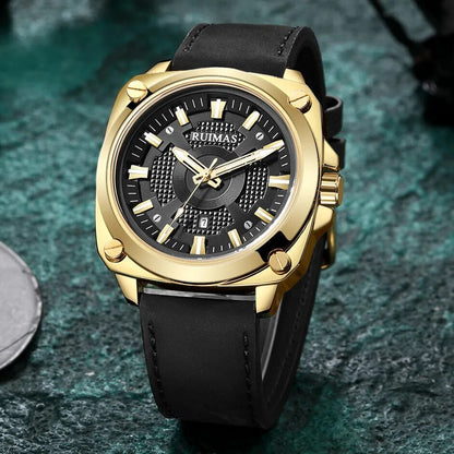 RUIMAS Top Brand Fashion Sports Quartz Wrist Watches for Men Waterproof Luminous Leather Band Relogio Masculino with Auto Date
