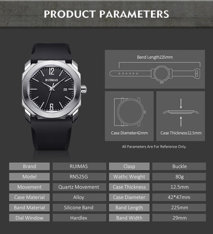 RUIMAS Luxury Silicone Band Quartz Sport Watches for Men Waterproof Calendar Casual Large Dial Wristwatch Clock Montre Homme
