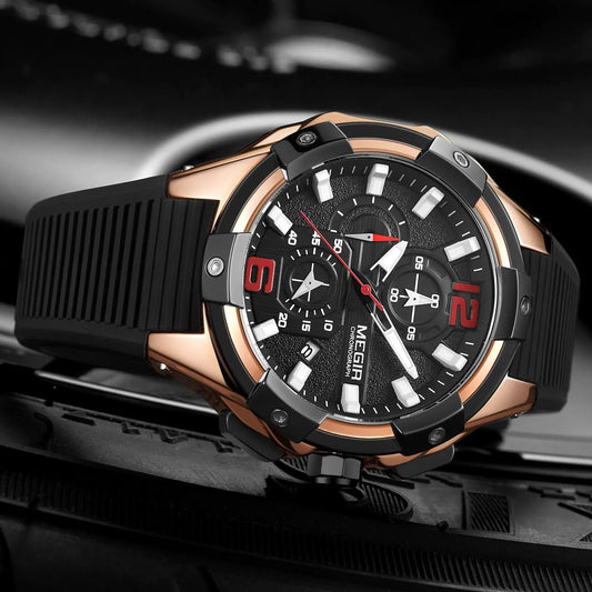 MEGIR Black Men Watch Silicone Luminous Chronograph Original Army Military Sport WristWatches Clock Montre Homme Reloj Hombre 2161