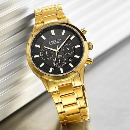 MEGIR Top Brand Luxury Mens Watches Stainless Steel Band Chronograph Gold Black Quartz WristWatch Big Dial Luminous Montre Homme 2150