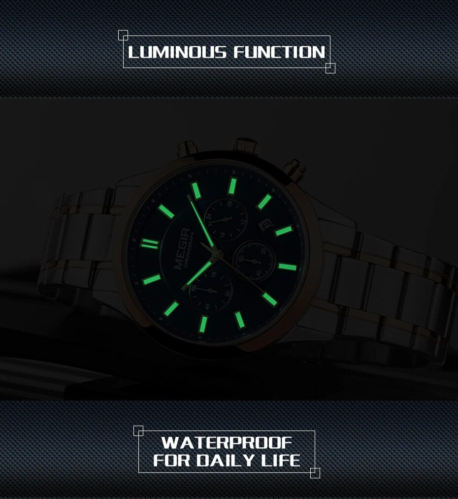 MEGIR Top Brand Luxury Mens Watches Stainless Steel Band Chronograph Gold Black Quartz WristWatch Big Dial Luminous Montre Homme 2150